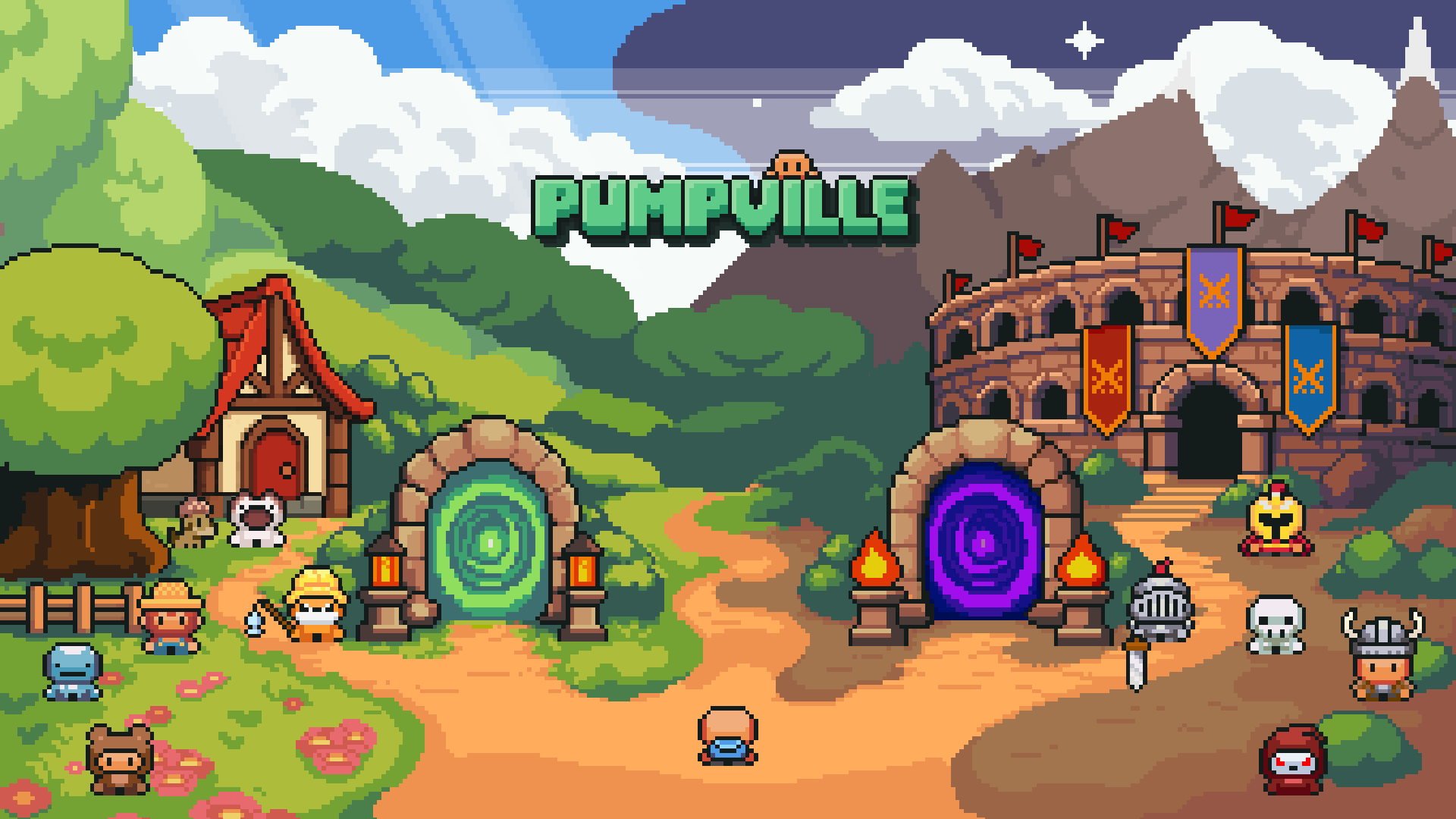 Pumpville pixel-art world with portals and the Arena